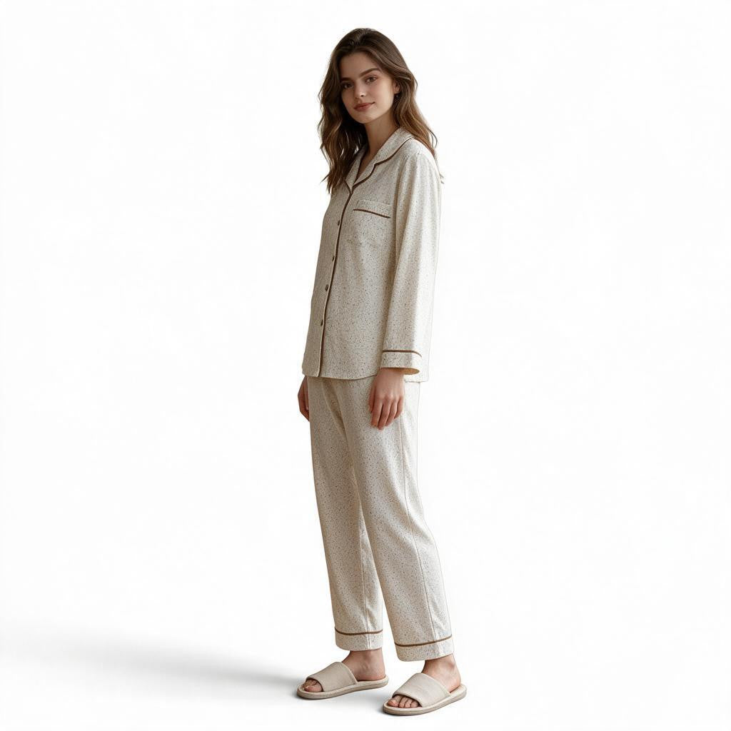A woman wearing a JOANNA FASHION speckled print button-down pajama set with contrasting piping and matching trousers.