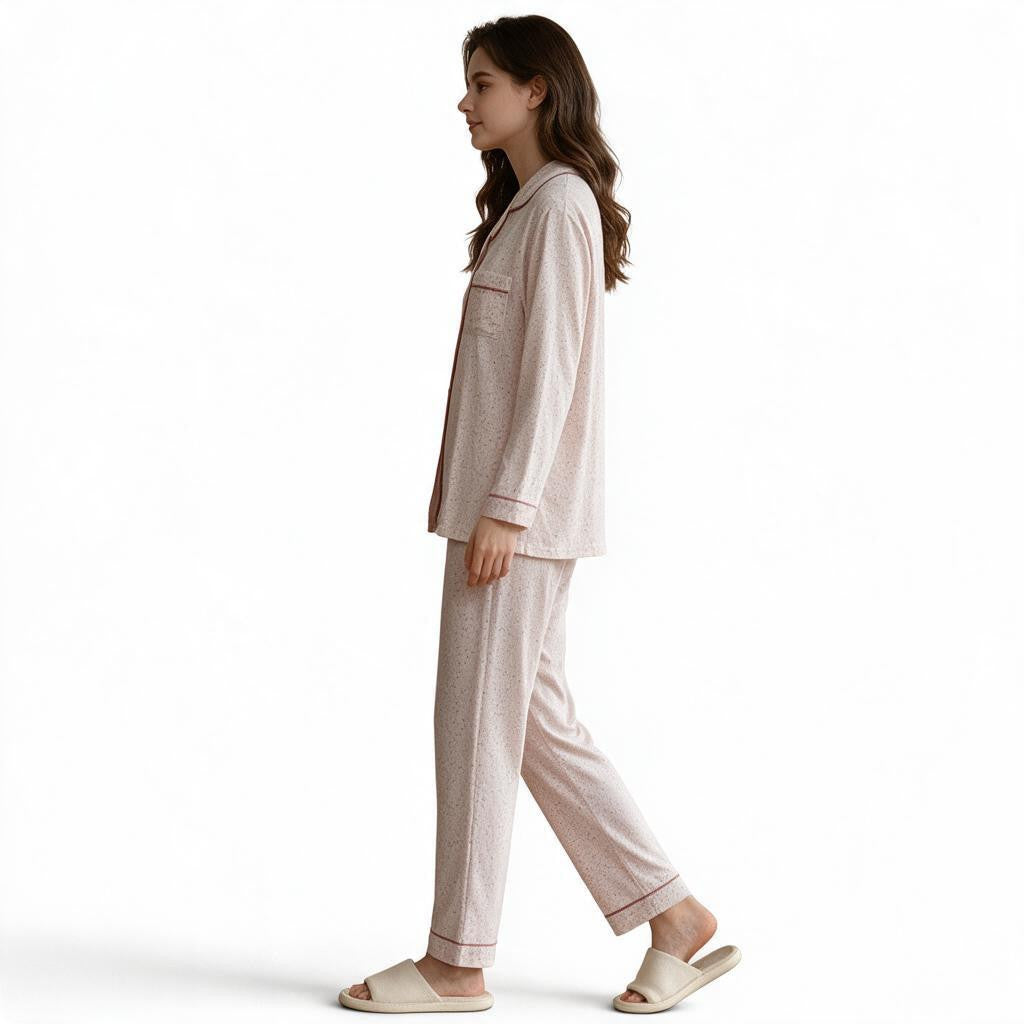 JOANNA FASHION long-sleeve button-down pajama set in light pink with speckled print and contrasting piping