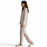 JOANNA FASHION long-sleeve button-down pajama set in light pink with speckled print and contrasting piping