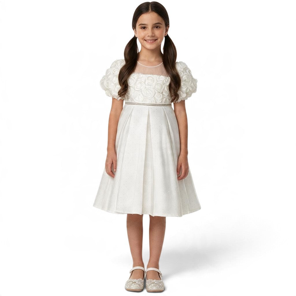 JOANNA FASHION white flower girl dress with rose bodice, puff sleeves, rhinestone belt, and glitter A-line skirt.