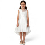 JOANNA FASHION girls' white formal dress with pearl-beaded bodice, illusion neckline, and high-low pleated skirt.