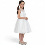 JOANNA FASHION white sleeveless flower girl dress with tulle skirt and oversized floral applique on bodice