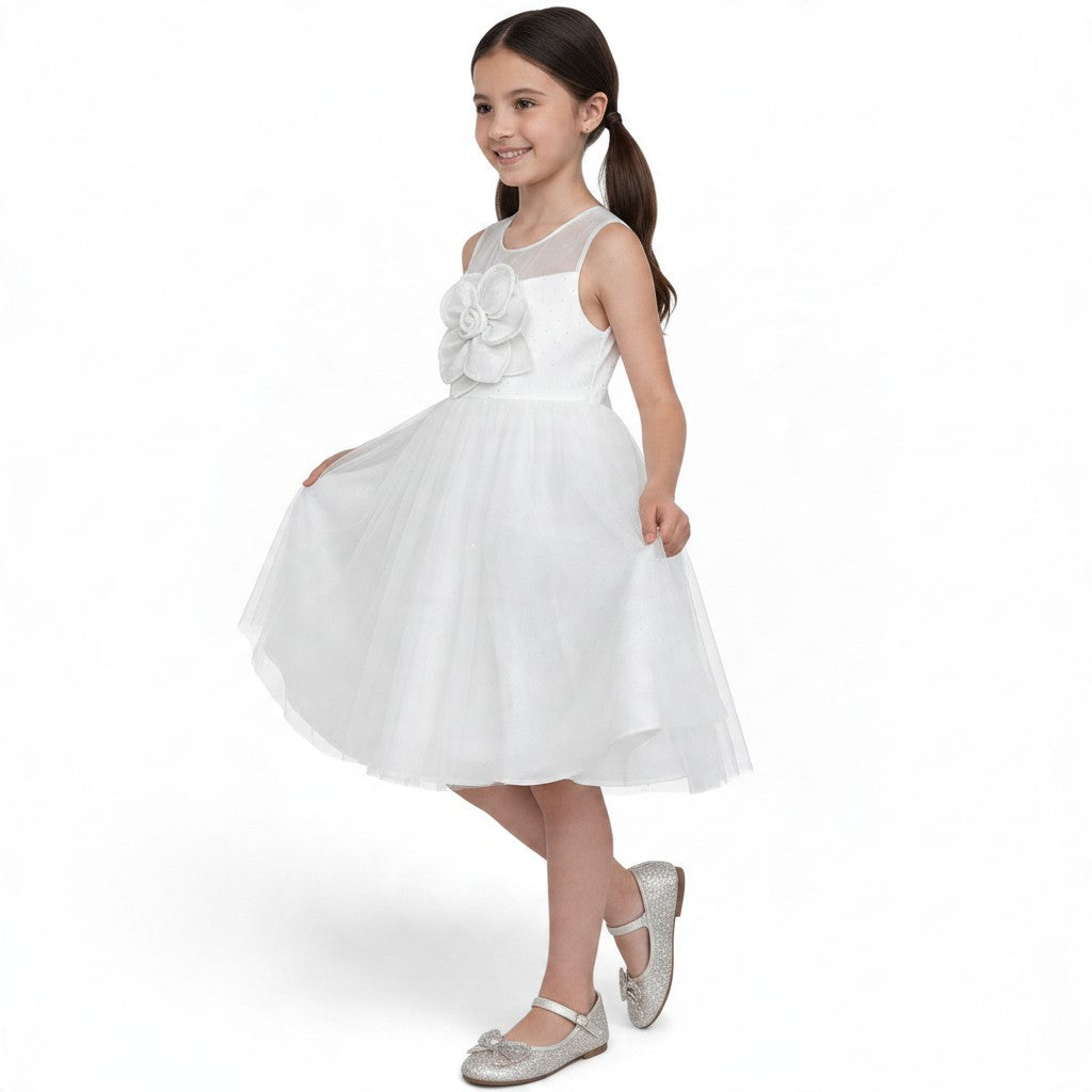 JOANNA FASHION white flower girl dress with tulle skirt, sheer neckline, and oversized floral applique