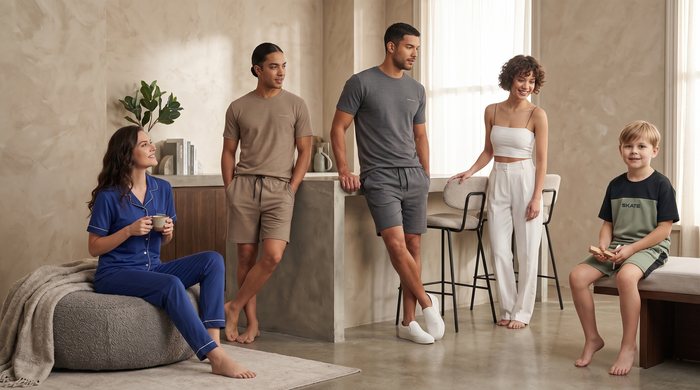A family of five wearing matching casual loungewear pajama sets in a modern, warm-toned living room. The sets include a blue short-sleeve top and pants, a taupe/beige short-sleeve top and shorts, a gray short-sleeve top and shorts, a white crop top and white pants, and a green and black graphic t-shirt with matching shorts.joanna fashon uae best pajamas uae kids wear and Men's wear in uae