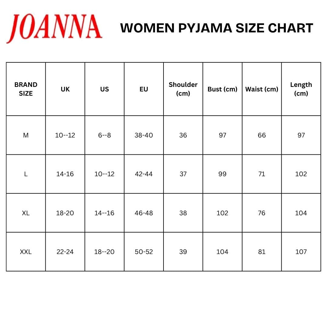 JOANNA women's pyjama size chart for M, L, XL and XXL, showing UK, US and EU size equivalents and shoulder, bust, waist and length measurements in centimetres.