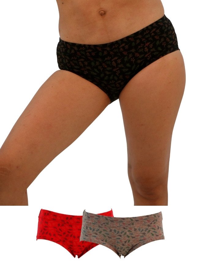 Women's Leaves Design Mid Rise 3-Pack Panties, Multicolor - Black