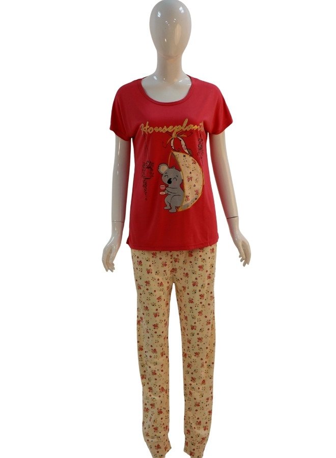 Women’s Cotton Printed Sleepwear Set – Koala “Houseplant” Design - Red
