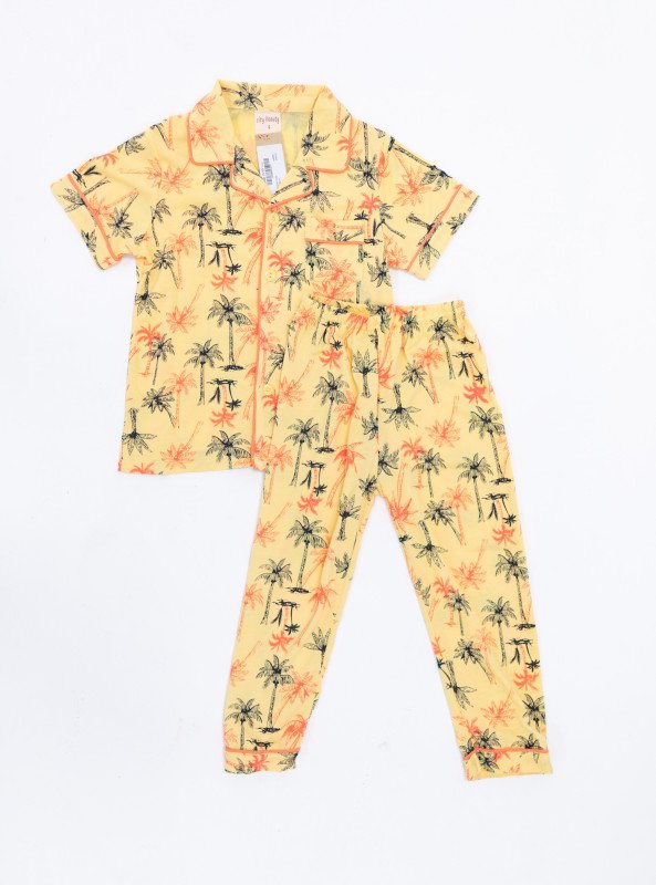 Boys' Tropical Button-Up Pajama Set – Palm Tree Print Shirt & Pants - Yellow