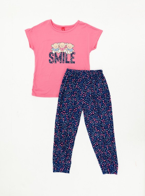 “Teddy Smile” Girls Pajama Set - Pink