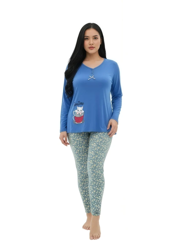 Women's Comfy Kitty Print Long Sleeve PJ Set - Blue