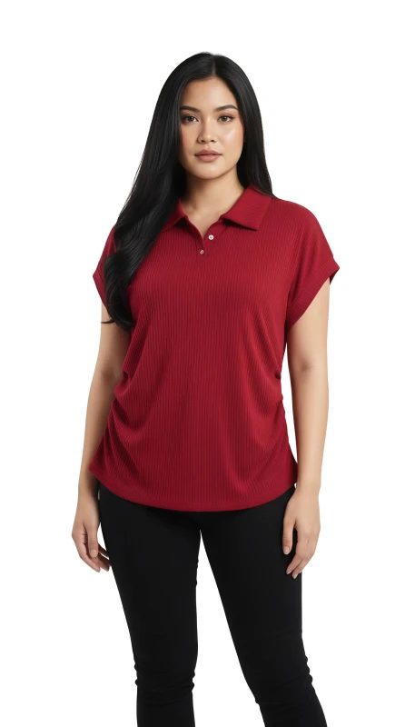 Women's Casual Ribbed Polo Blouse - Red