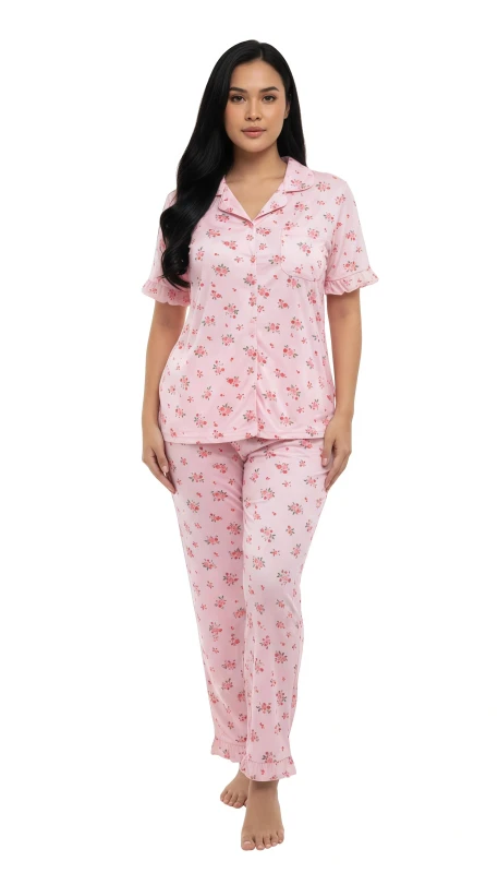 Women's Ruffled Rose Garden Pajama Set - Pink
