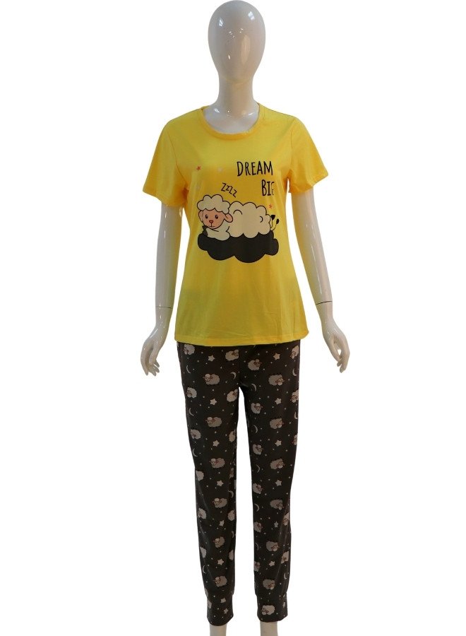 Women's Cotton Pajama Set – "Dream Big" Sheep Print Night Suit - Yellow