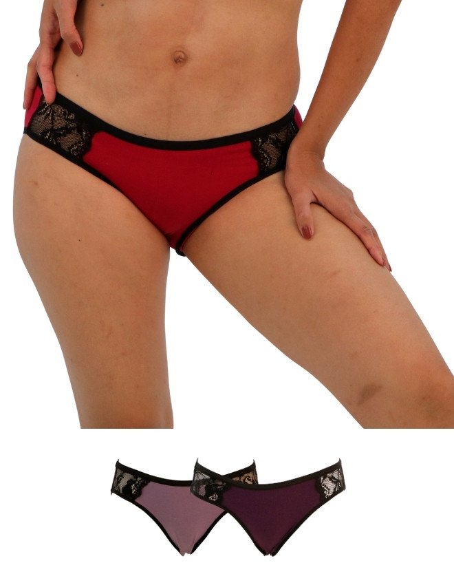 JOANNA Women's Two Tone Lace Design Bikini 3-Pack Panties, Multicolor - Red