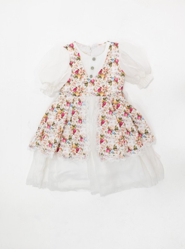 Girls’ Vintage Floral Puff Sleeve Dress with Lace Trim - LightPink