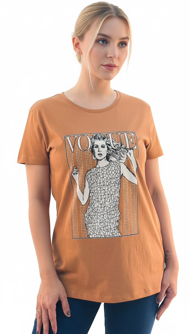 Women's Vogue Girl Design Round Neck Short Sleeve T-Shirt - LightBrown