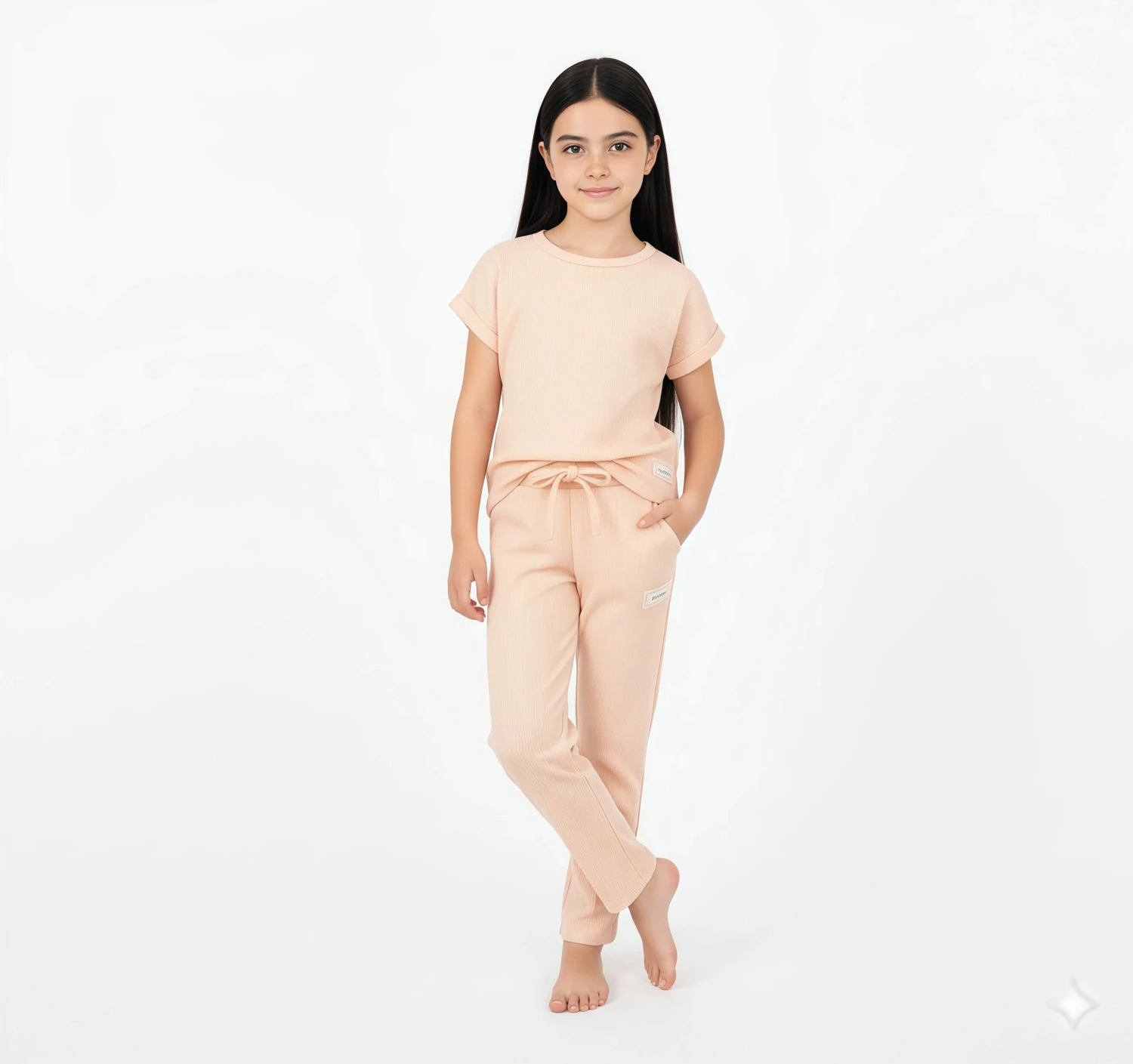 Girls'  Ribbed T-Shirt and Drawstring Pants Set - Beige