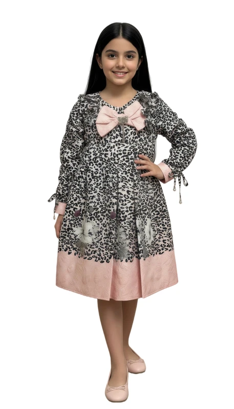Girls Animal Print Dress with Bow - Pink