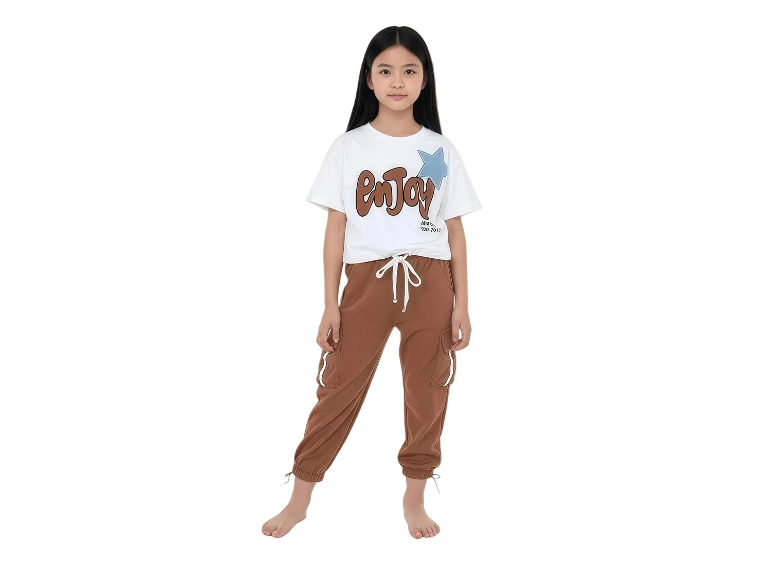 Girls' "Enjoy" Graphic Tee & Joggers Set - Brown