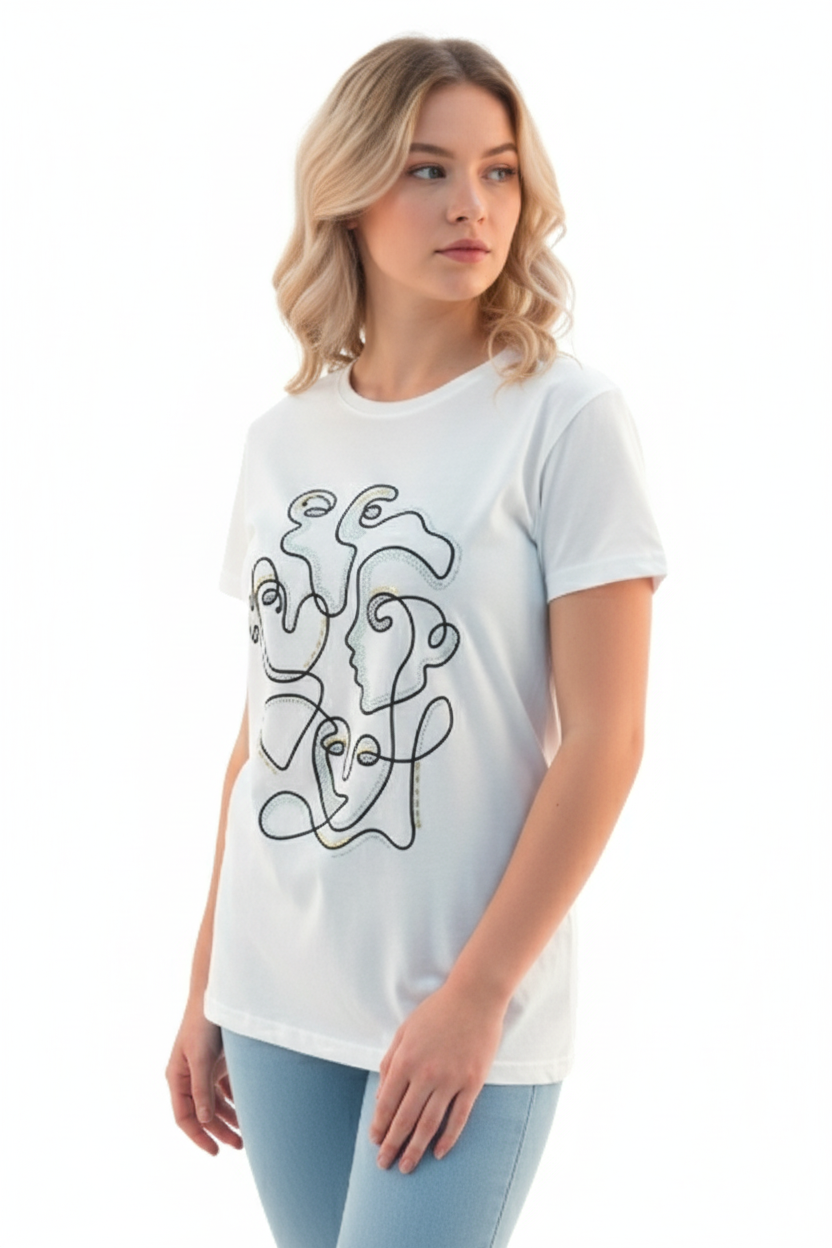 Women's Geometric Design Round Neck Short Sleeve T-Shirt - White