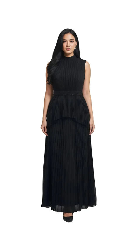 Women's Crystal Trim Mock Neck Pleated Dress - Black