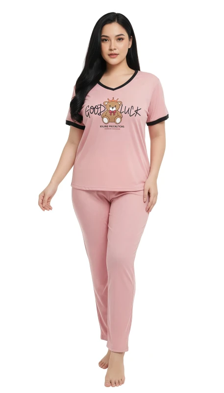 Ladies' "Good Luck" Teddy Bear Print Pajama Set - Pink