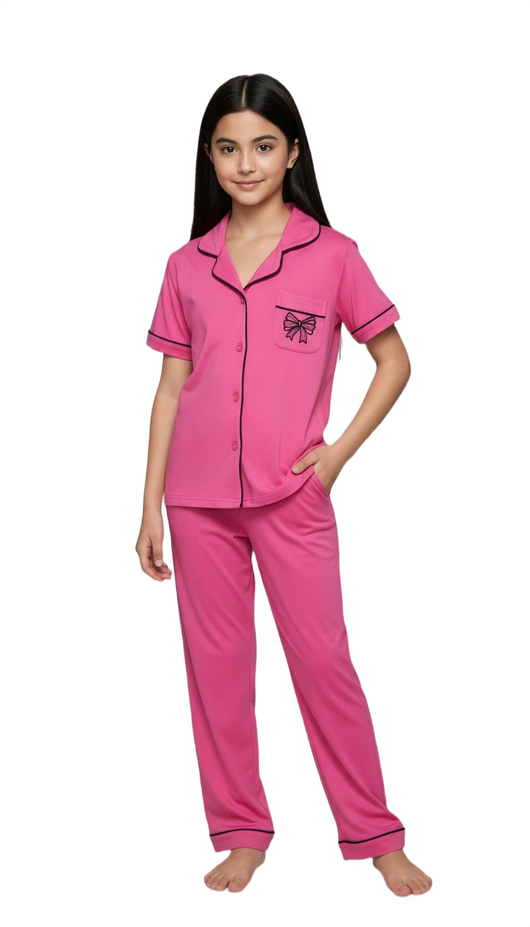 F881411T Bow Detail Pajama Set - DeepPink