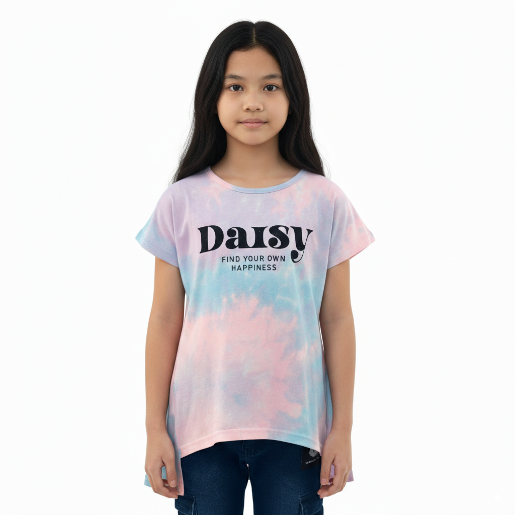 Girl's Long Back With Daisy Find Your Happiness Print Round Neck Short Sleeve T-Shirt - Blue