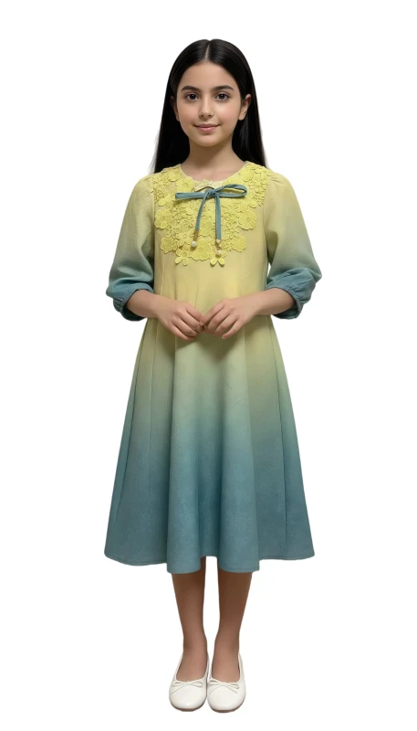 Girl's Floral Lace Yoke Ombre Dress - Yellow