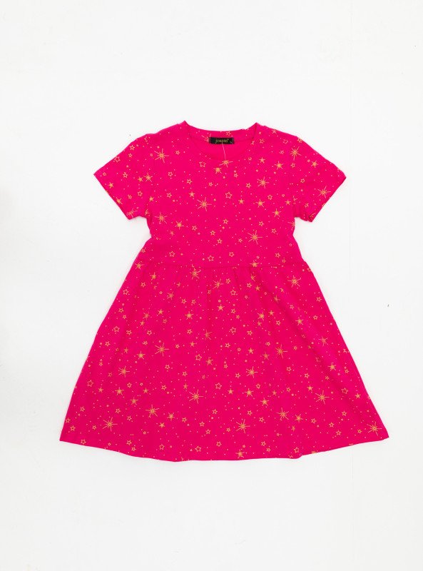 Girls’ Starry Night Printed Cotton Dress - DeepPink