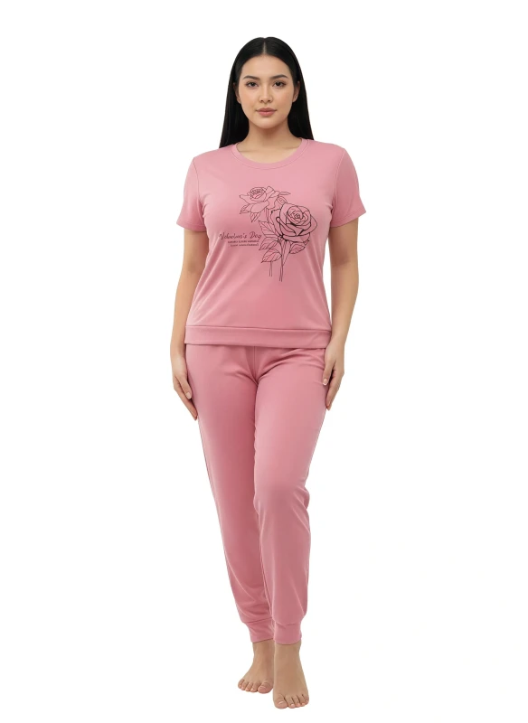 281905T Women's Rose Graphic Tee & Pants Pajama Set - Pink