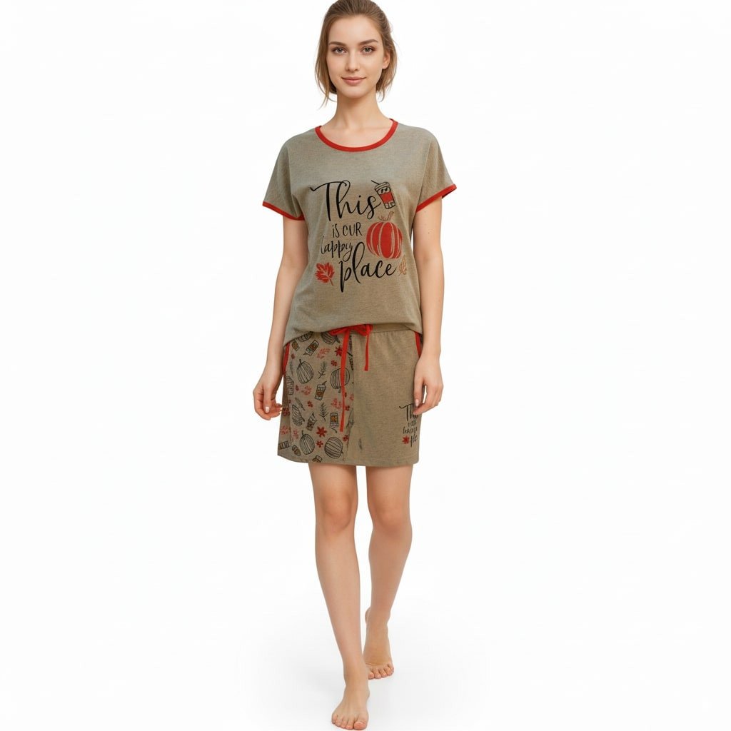 Women's Printed Cotton Lounge Set – "This is Our Happy Place" - LightSlateGray