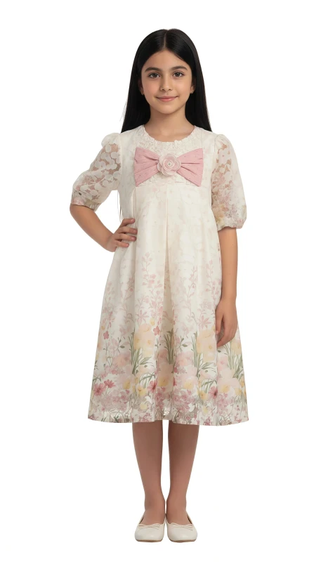 Girls' Lace Bow Party Dress - Pink