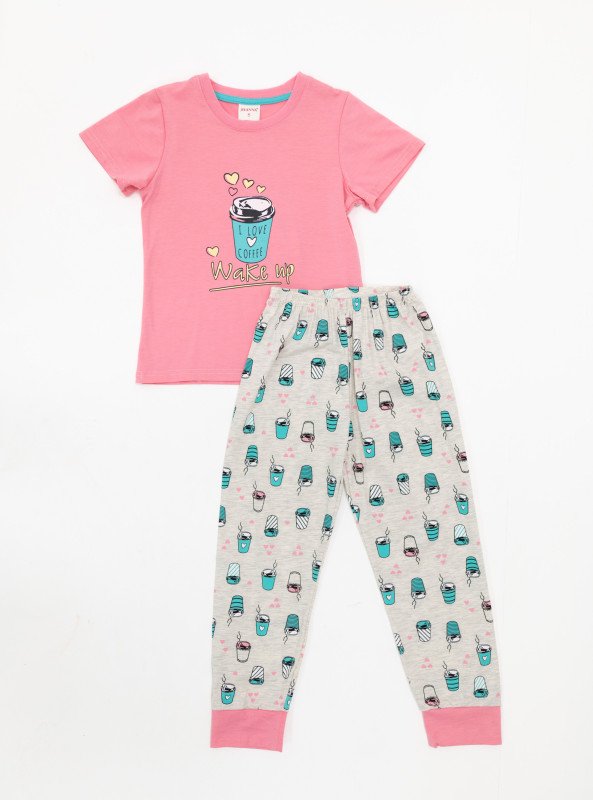 Coffee Wake-Up Print Pajama Set - Pink