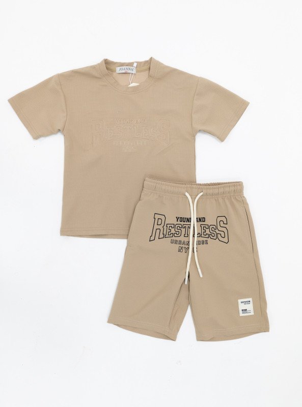 Boys’ “Young and Restless” Casual Set – T-Shirt & Shorts - Beige