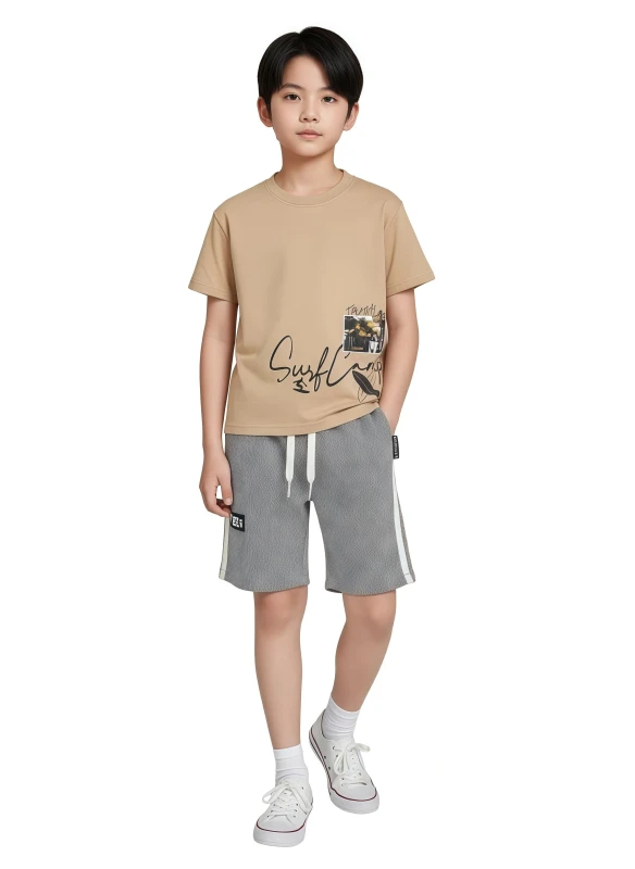 Boy's "Surf Camp" Graphic Tee & Striped Shorts Set - Beige