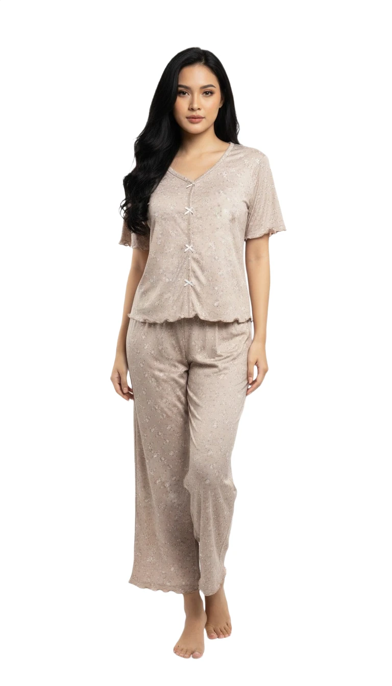F246670BT Floral Print Button-Front Pajama Set - LightBrown