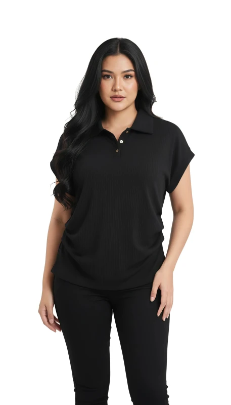 Women's Casual Ribbed Polo Blouse - Black