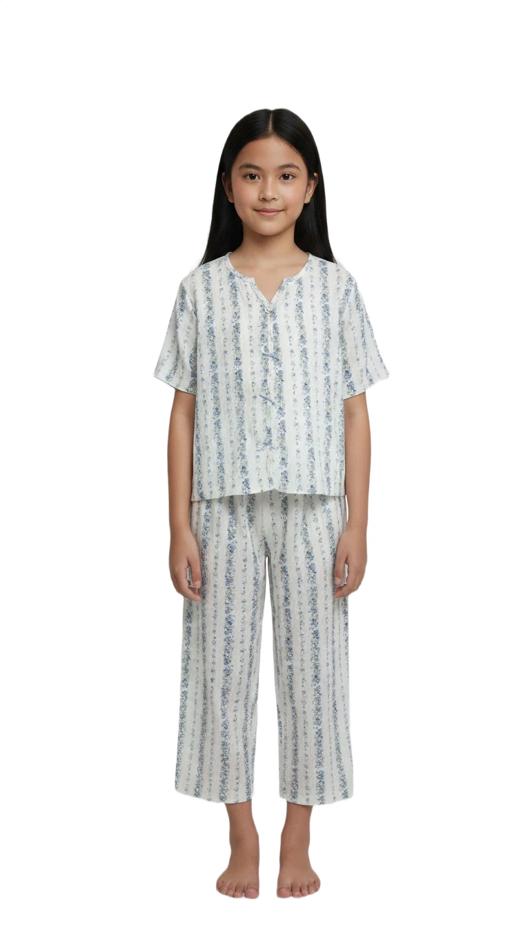 Girls' Blue Floral Stripe Pajama Set - Blue