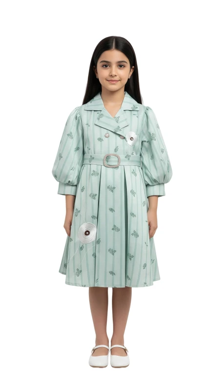 Girl's Petal Stripe Puff Sleeve Dress - PaleGreen