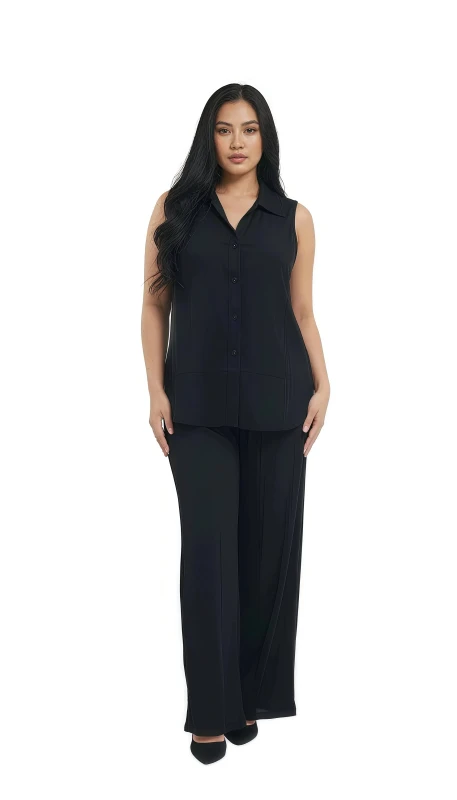 Women's Ribbed Knit Collared Sleeveless Top & Pant Set - Black