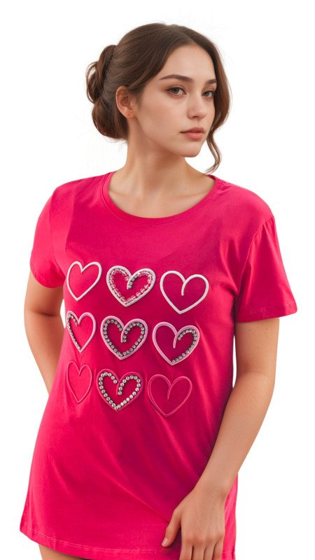 Women's Hearts Print Round Neck Short Sleeve T-Shirt - Pink