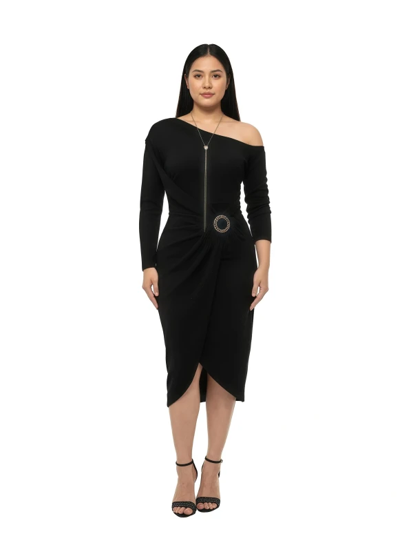 Women's Black Off-Shoulder Midi Dress - Black