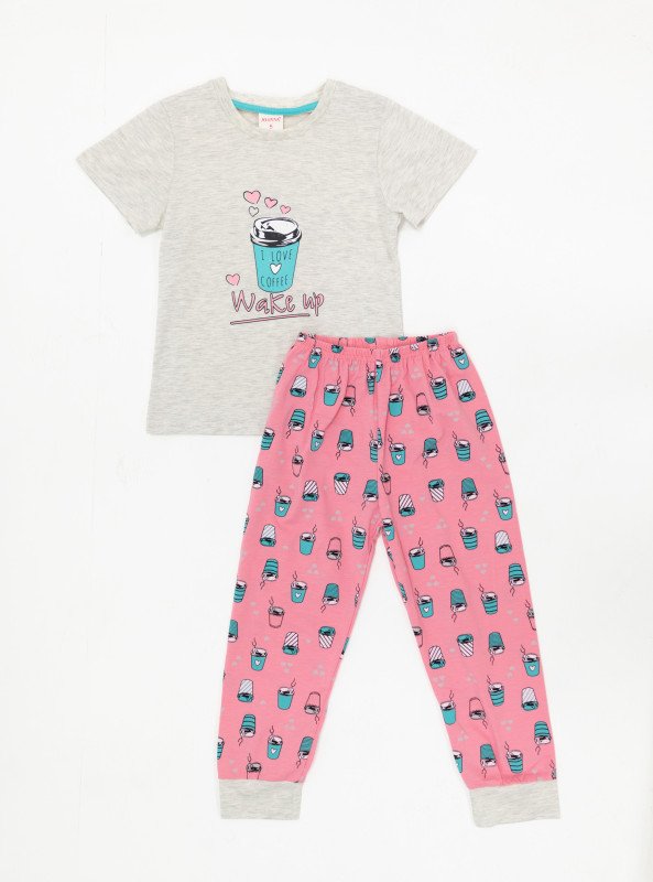 Coffee Wake-Up Print Pajama Set - Gray