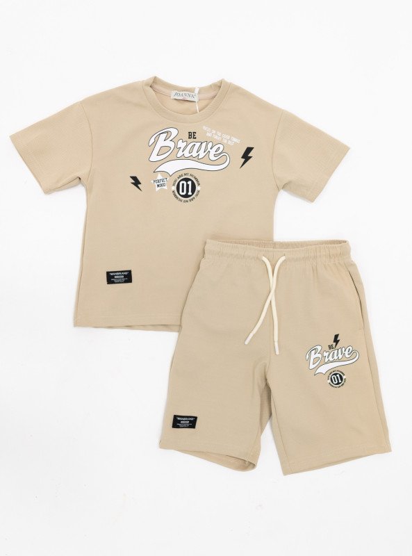 Boys’ "Be Brave" Cotton Summer Set – T-Shirt & Shorts - LightBrown