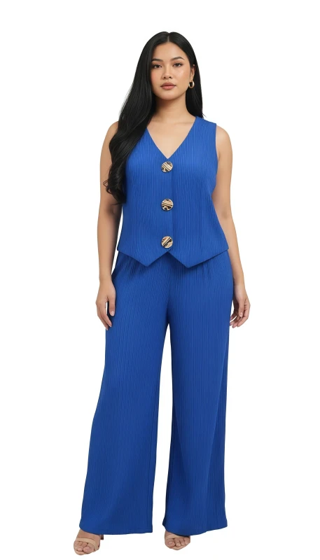 Women's Ribbed Knit Button-Front Vest & Wide Leg Pant Set - Blue