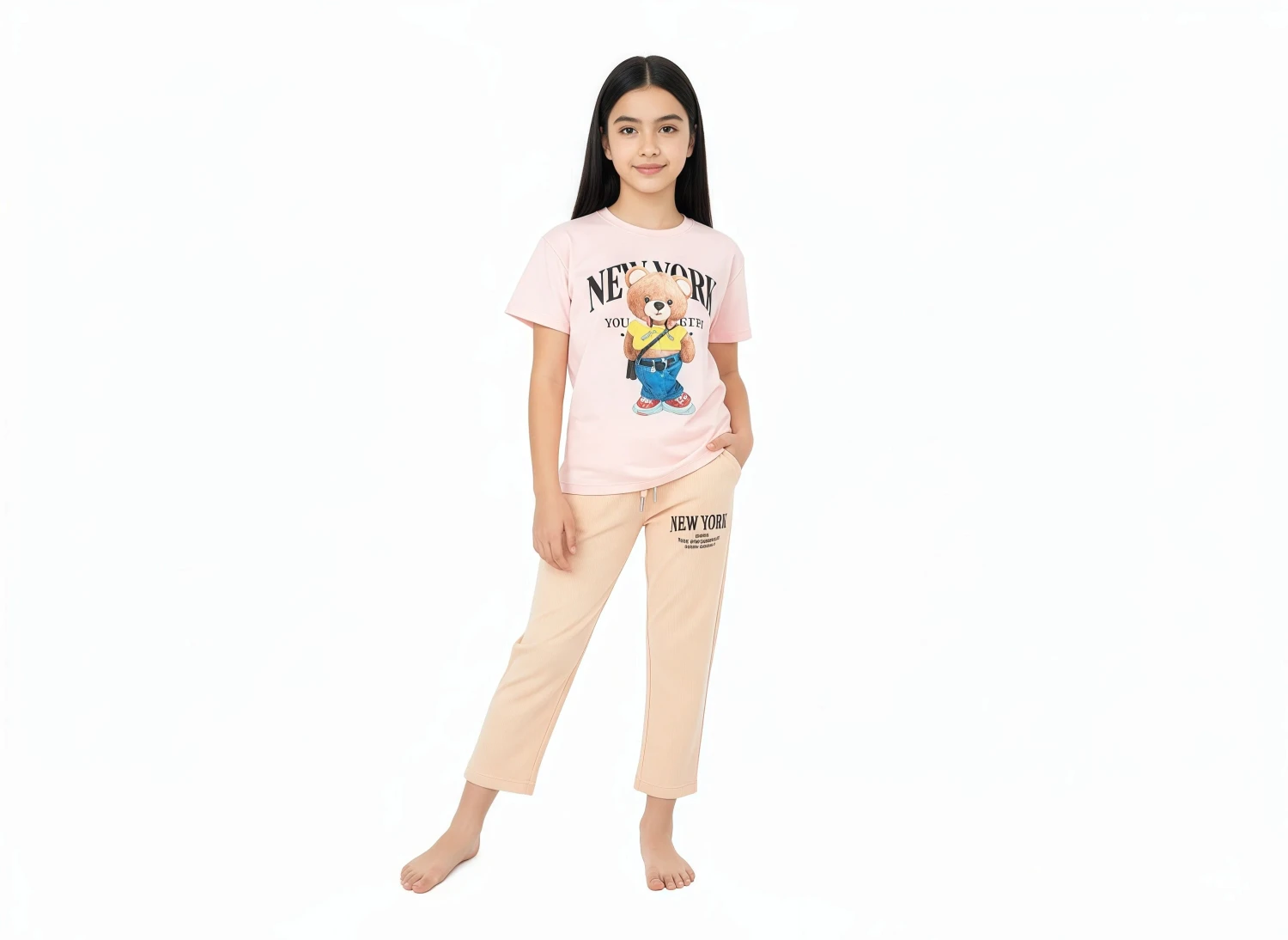 Cozy Bear Graphic Tee & Lounge Pants Set for Girls - Pink