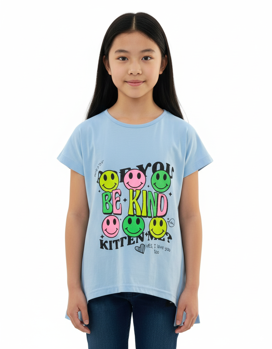 Girl's Smiley with Be Kind Print Round Neck Long Back Short Sleeve T-Shirt - Blue