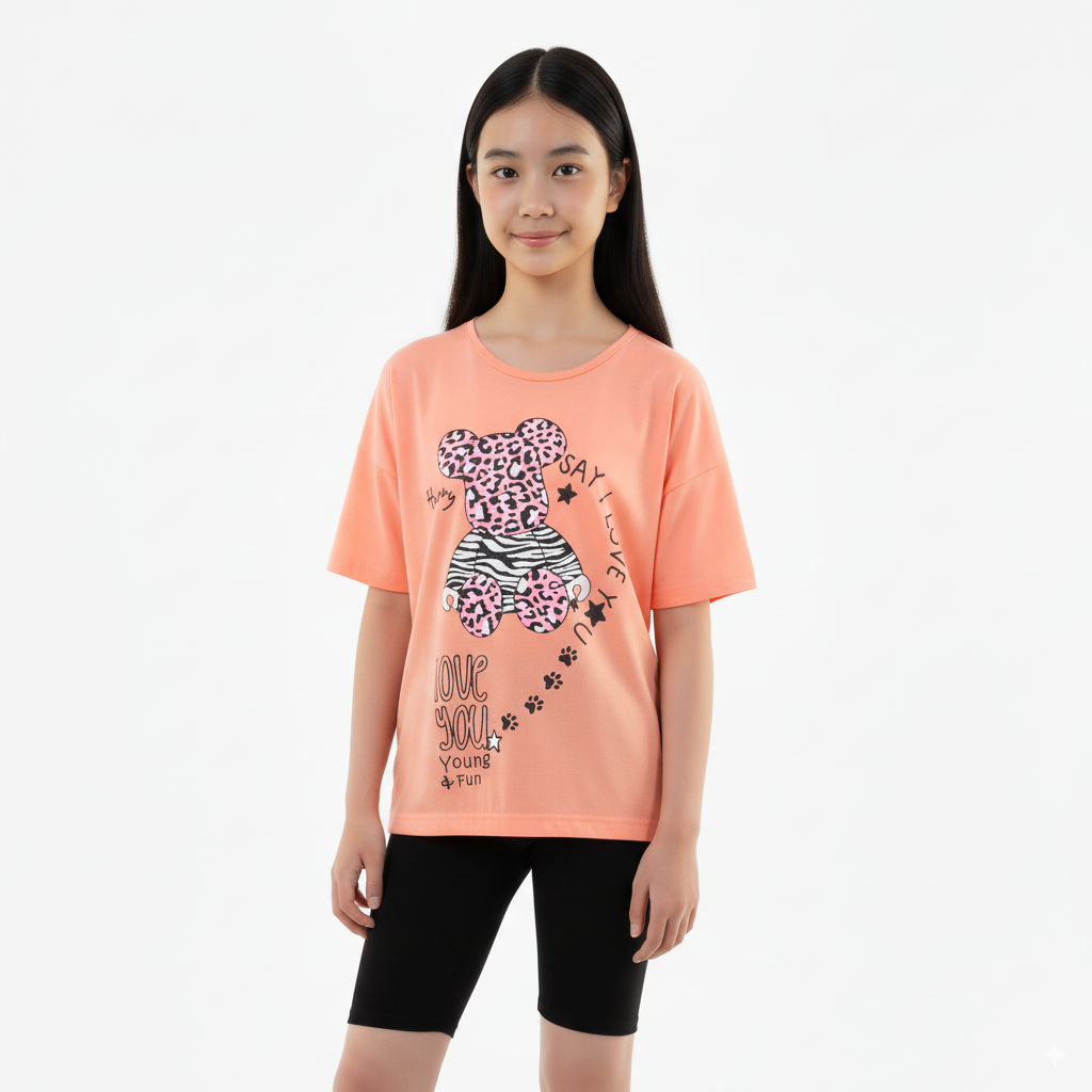 Girl's Say I Love You & Animal Print Round Neck Short Sleeve T-Shirt - Orange