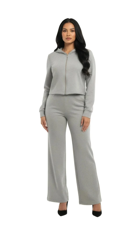 Women's Athleisure Zip Hoodie & Bootcut Pant Co-ord - LightSlateGray